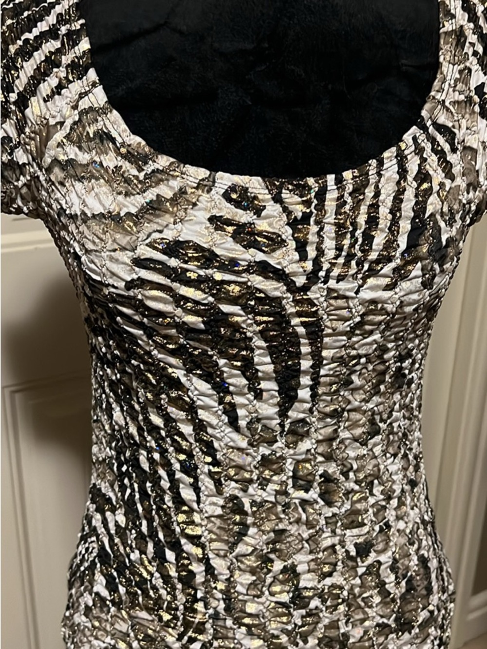 Frank Lyman Design Metallic Zebra-Stripe Stretch Top in Black, White & Gold